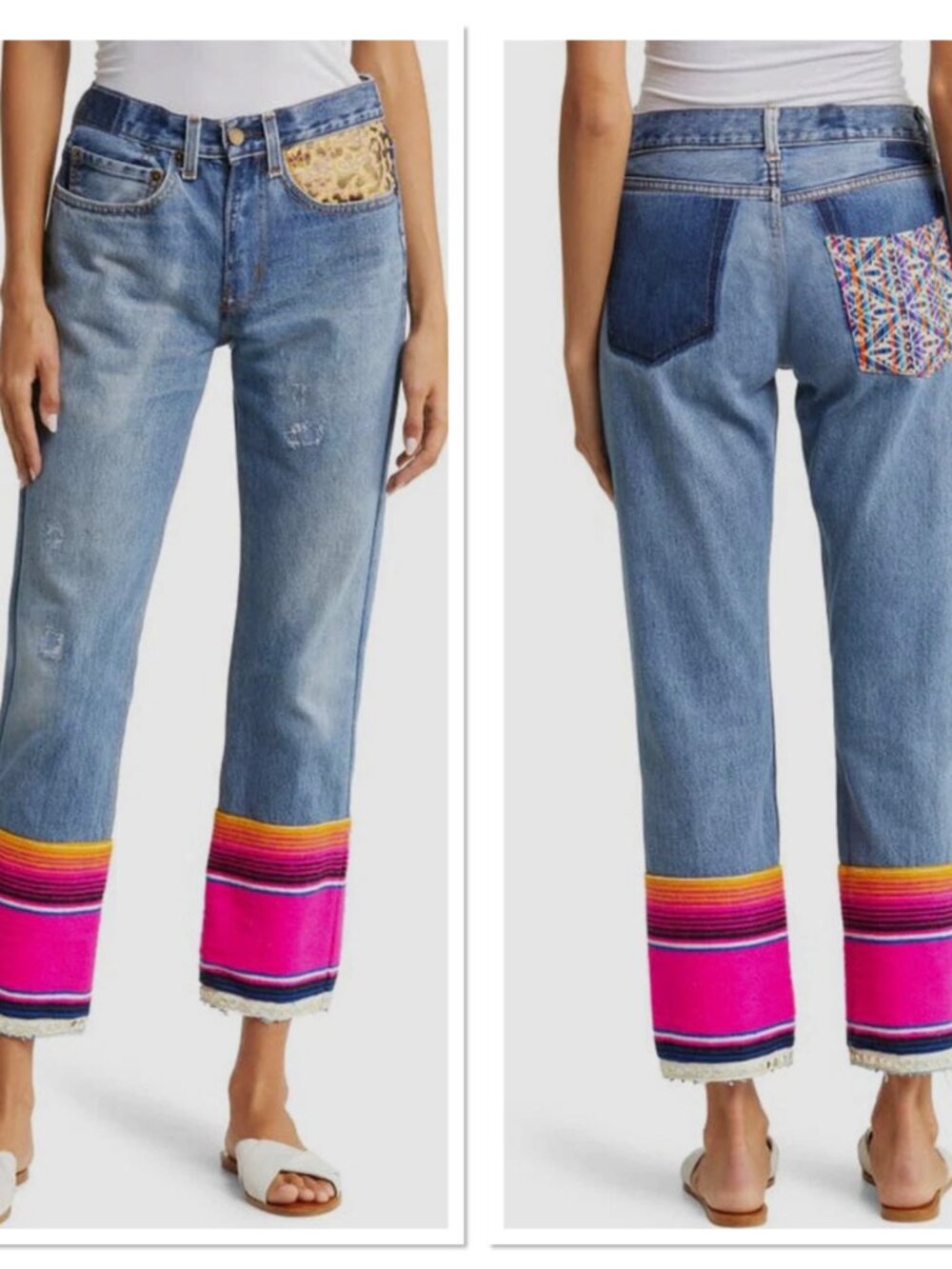 Le Superbe Women's Saltillo Boyfriend Jeans Serape Fabric Mirror Trim Sz 26